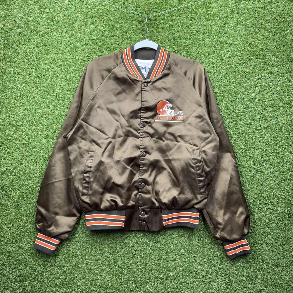 Vintage Cleveland Browns Satin Jacket Mens Medium Chalk Line Spellout 80s Snap